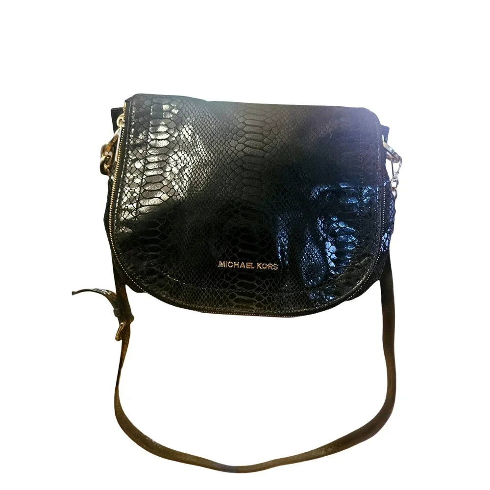 Michael Kors Bedford Black Snake Embossed Leather Crossbody Bag Gold Hardware